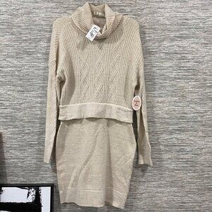 Harlow & Rose Beige Cable Knit Turtleneck Sweater Dress Ribbed Detail Womens M